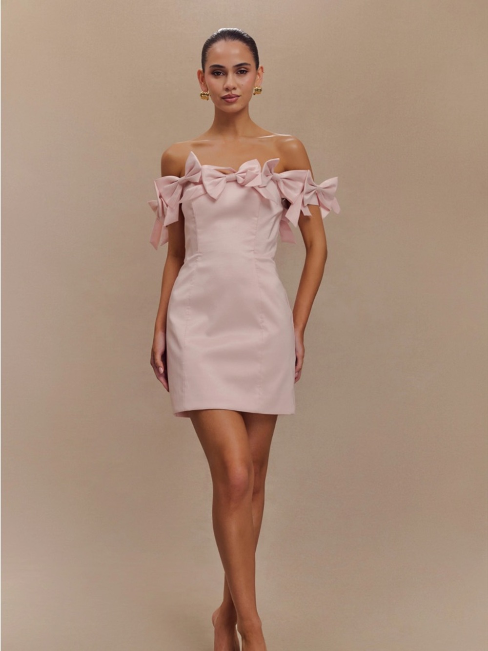Meshki Cassandra Off Shoulder Slinky Mini Dress - Pale Pink